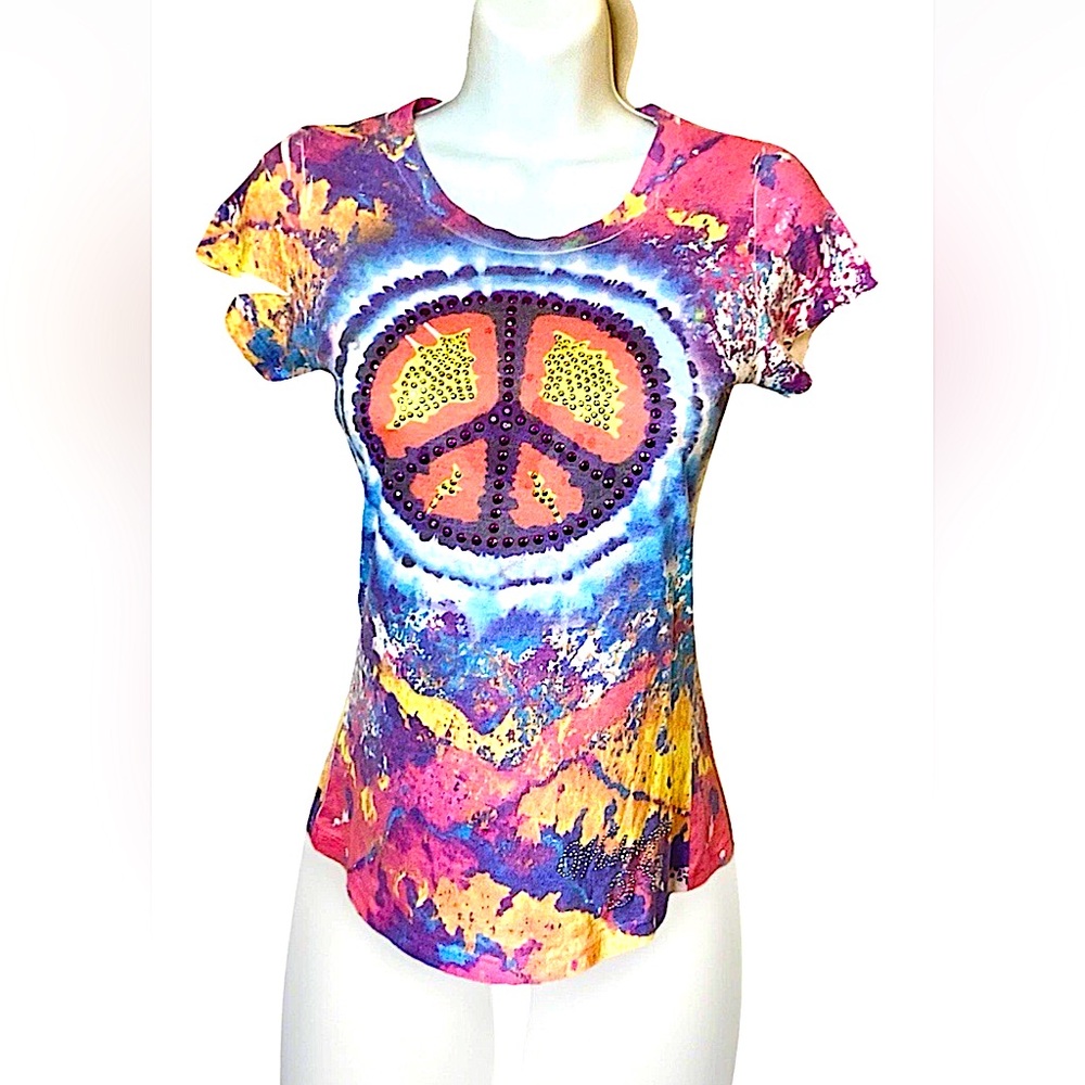 ☮️CHELONA☮️ TIE-DYE PEACE SIGN BLING CAP SLEEVE WASHINGTON DC VTG T-SHIRT✌️